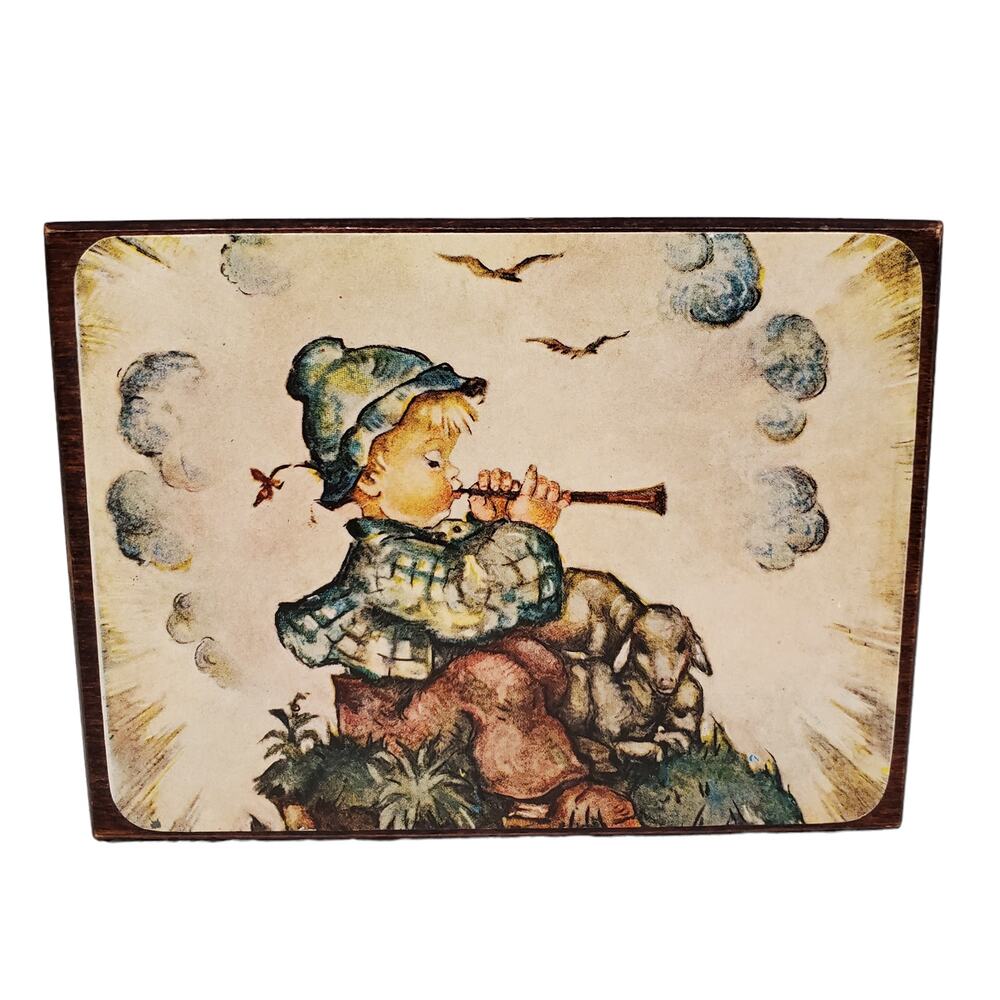 Vintage Reuge Edelweiss Swiss Wooden Music Box Little Boy with Horn